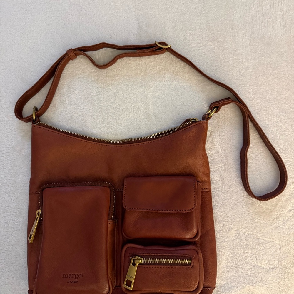 Margot Genuine Leather Brown Crossbody Bag with Multiple Pockets
